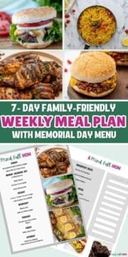 Collage of photos showing meals for week and copy of meal plan with text that reads 7-day meal plan with memorial day menu.
