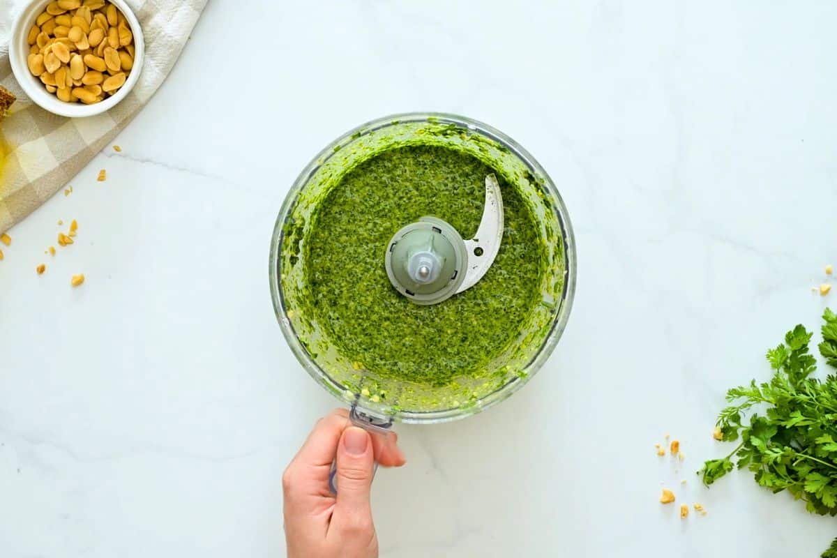 Chicken Kabobs with Cilantro Pesto Recipe Processed cilantro pesto in food processor.