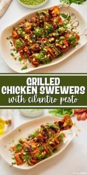 Collage of grilled chicken kabobs with cilantro lime pesto with title text overlay that reads grilled chicken skewers with cilantro pesto.