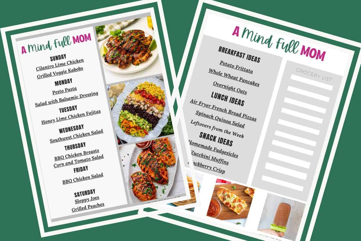 Collage of two pages of a 7-day meal plan showing breakfast, lunch, and dinner ideas for busy families.