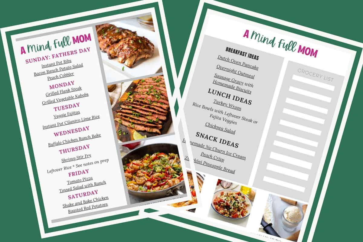 Collage of two pages of a 7-day meal plan showing breakfast, lunch, and dinner ideas for busy families.