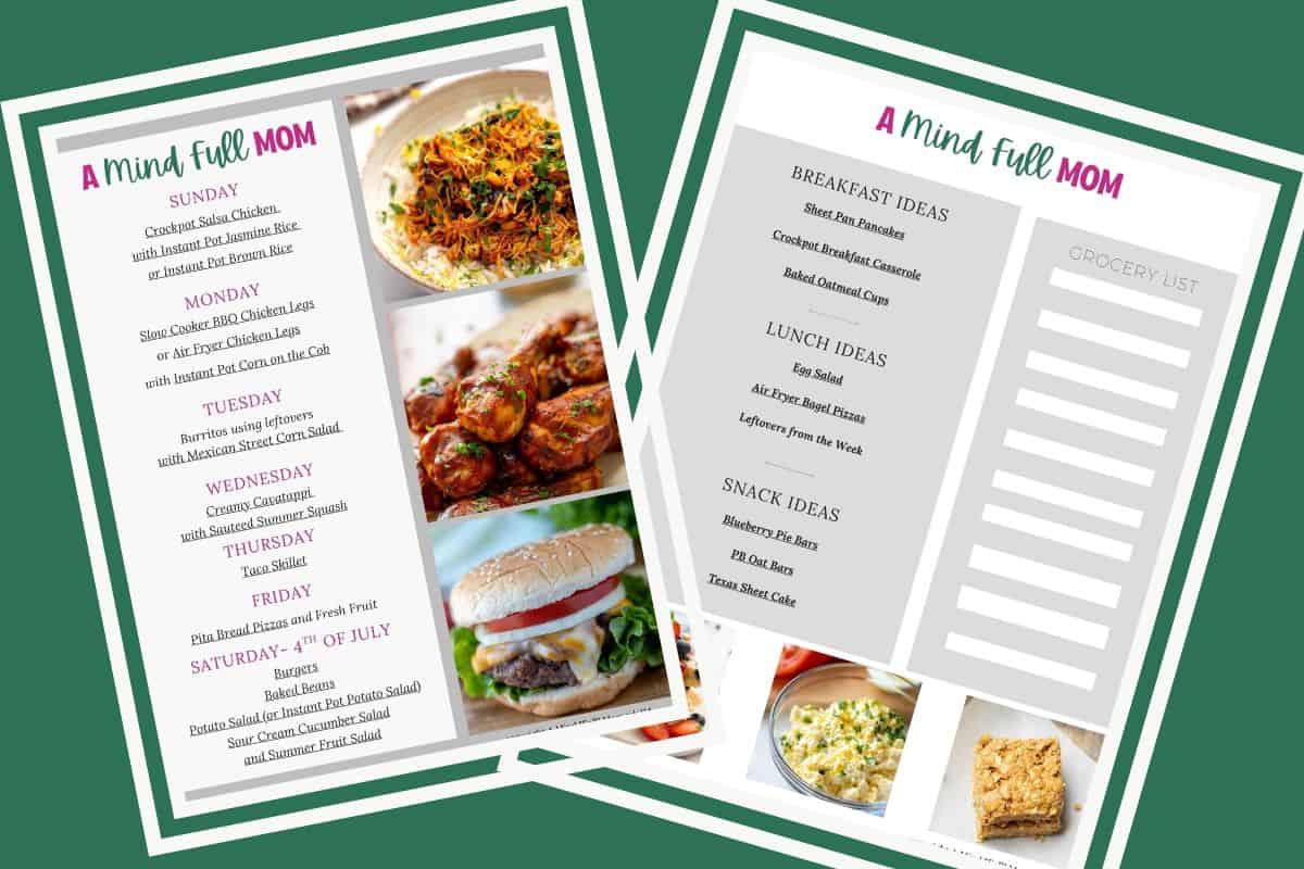 Meal Plan Summer Collage of two pages of a 7-day meal plan showing breakfast, lunch, and dinner ideas for busy families.
