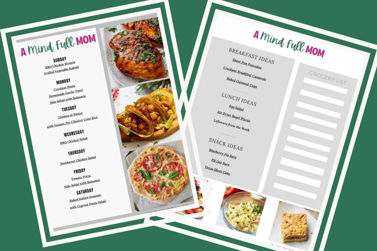 Meal Plan Summer Collage of two pages of a 7-day meal plan showing breakfast, lunch, and dinner ideas for busy families.