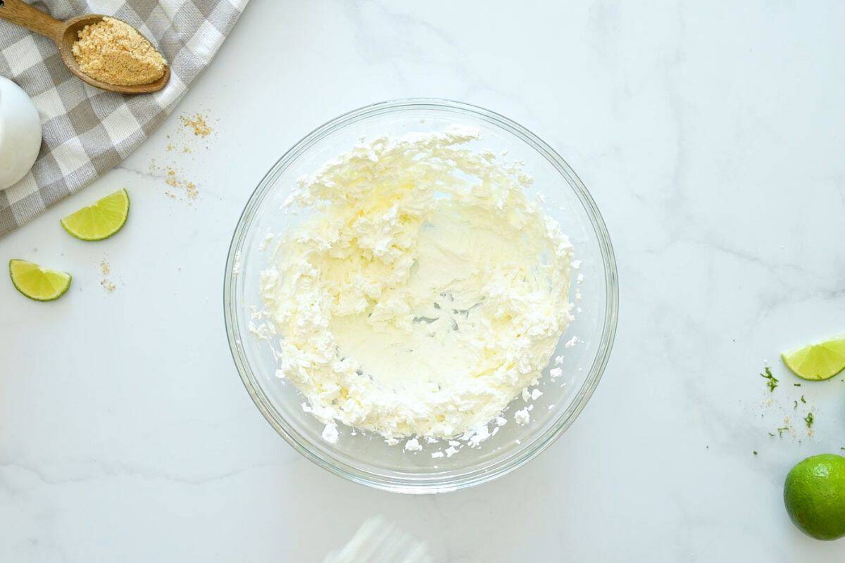 Best Key Lime Pie recipe Cream cheese blended in large mixing bowl until creamy and smooth.