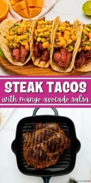Collage of grilled marinated flank steak on grill plate and flank steak tacos assembled with mango avocado salsa.