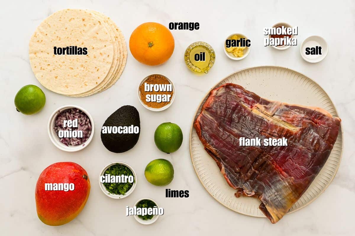 Flank steak with ingredients for citrus garlic marinade and mango avocado salsa on counter with text overlays.
