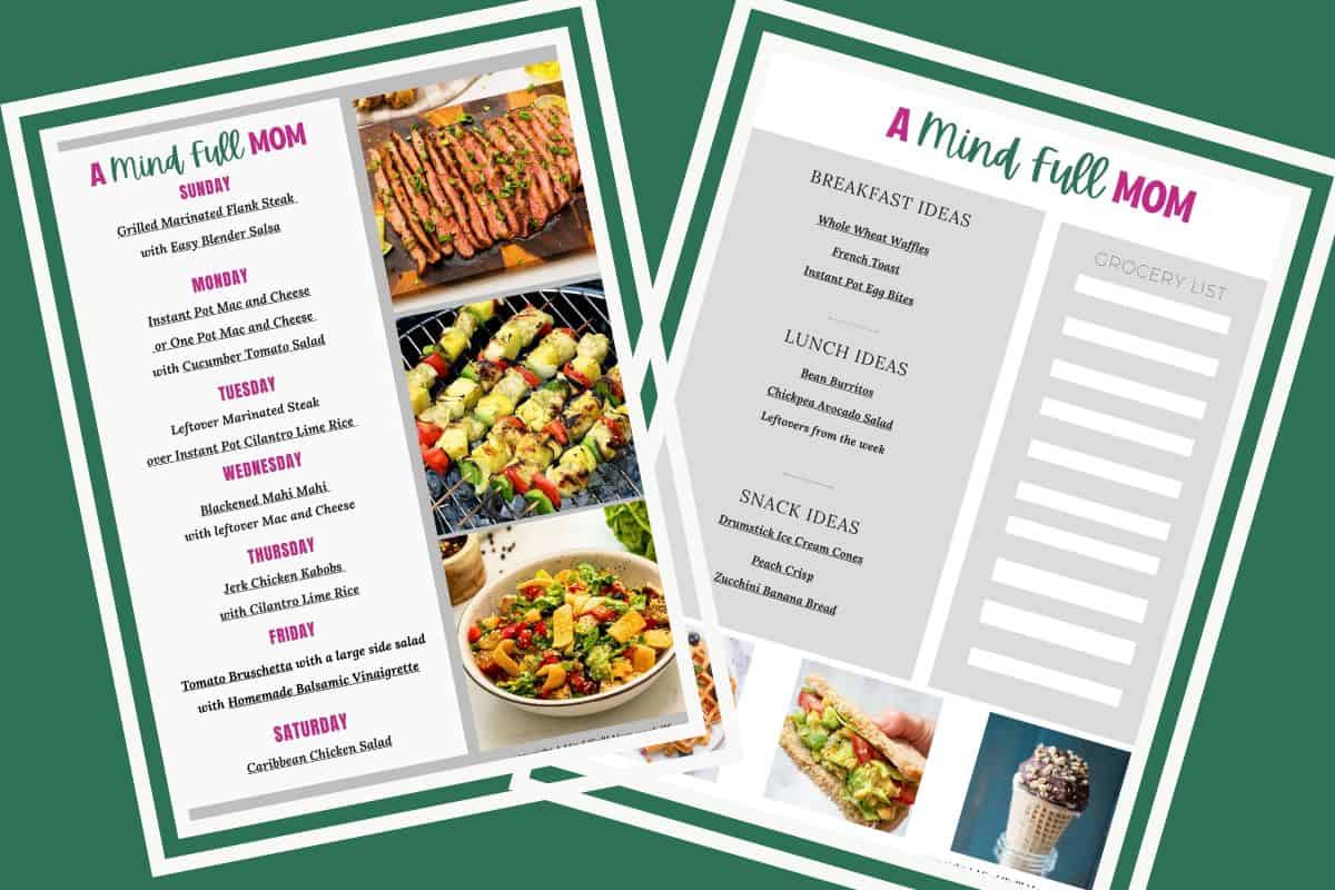 Summer Meal Plan Side by side photos of meal plan with dinners, breakfast, lunch, and snack ideas.
