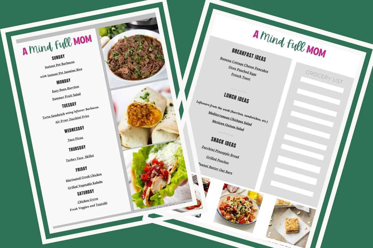 Easy Meal Plan Collage of two pages of a 7-day meal plan showing breakfast, lunch, and dinner ideas for busy families.