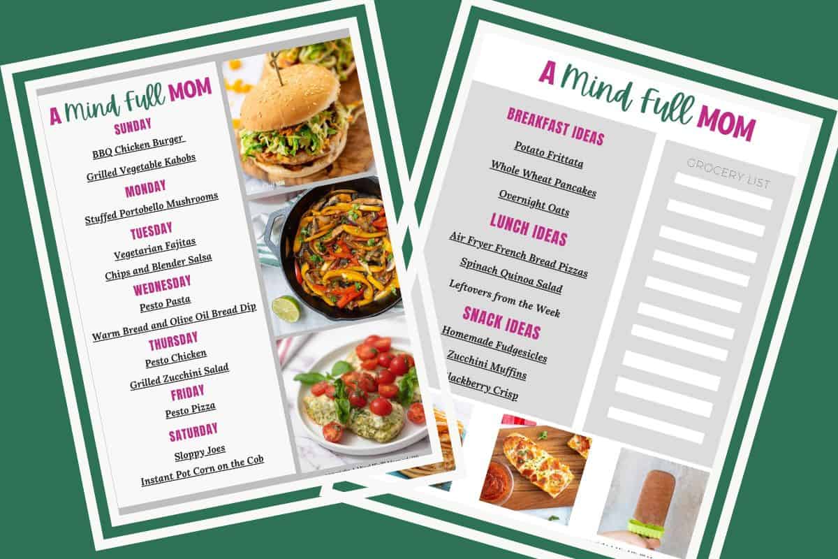 Collage of two pages of a 7-day meal plan showing breakfast, lunch, and dinner ideas for busy families.