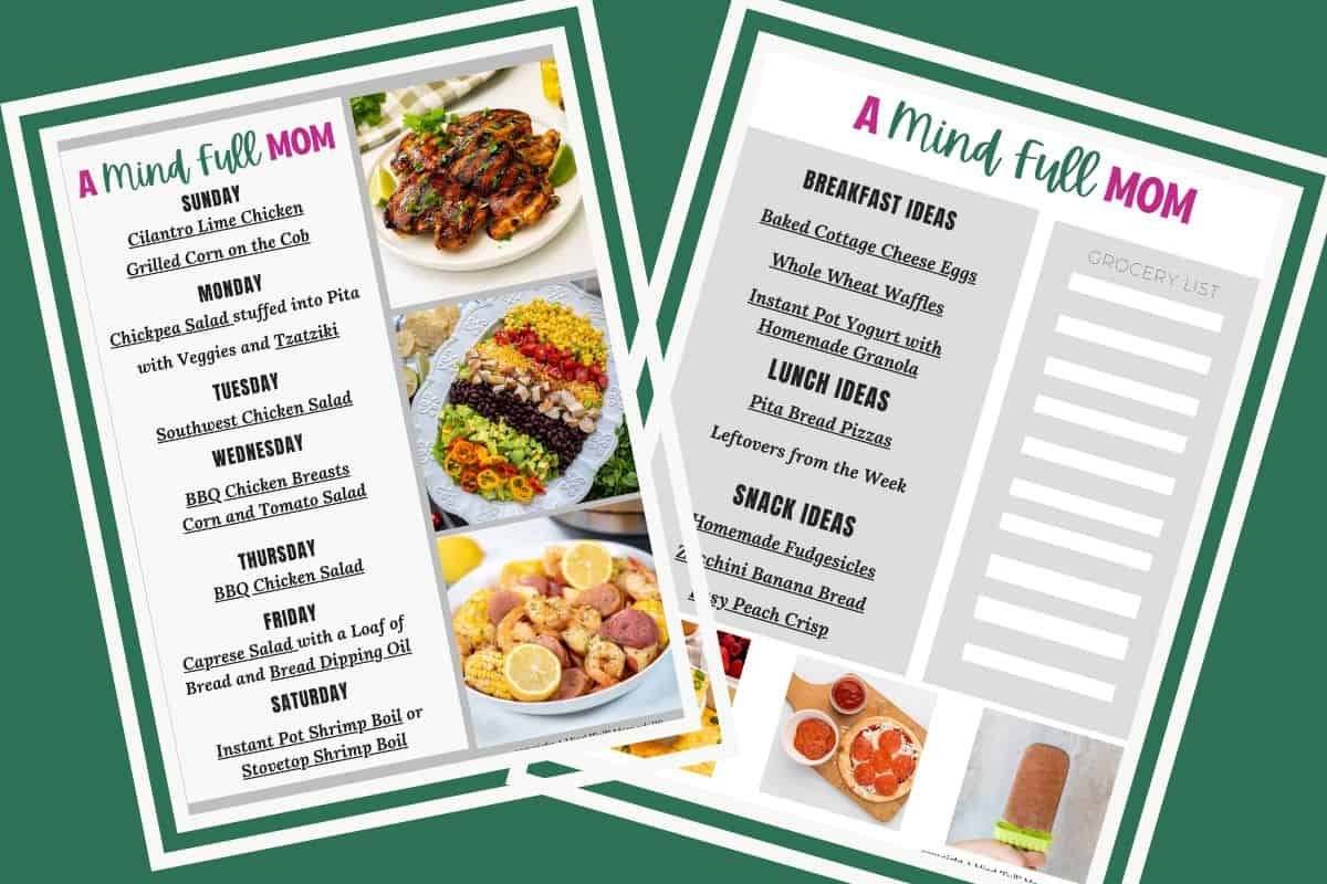 Collage of two pages of a 7-day meal plan showing breakfast, lunch, and dinner ideas for busy families.