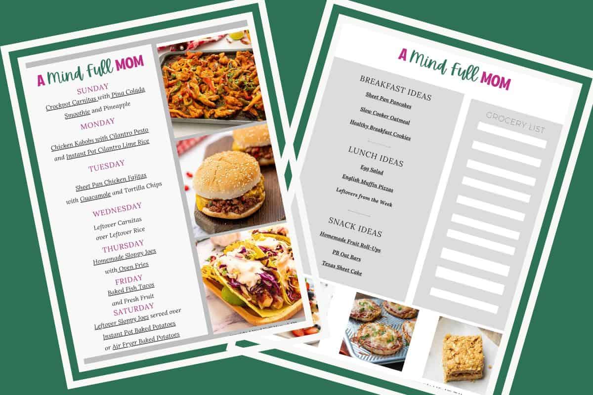 Collage of two pages of a 7-day meal plan showing breakfast, lunch, and dinner ideas for busy families.