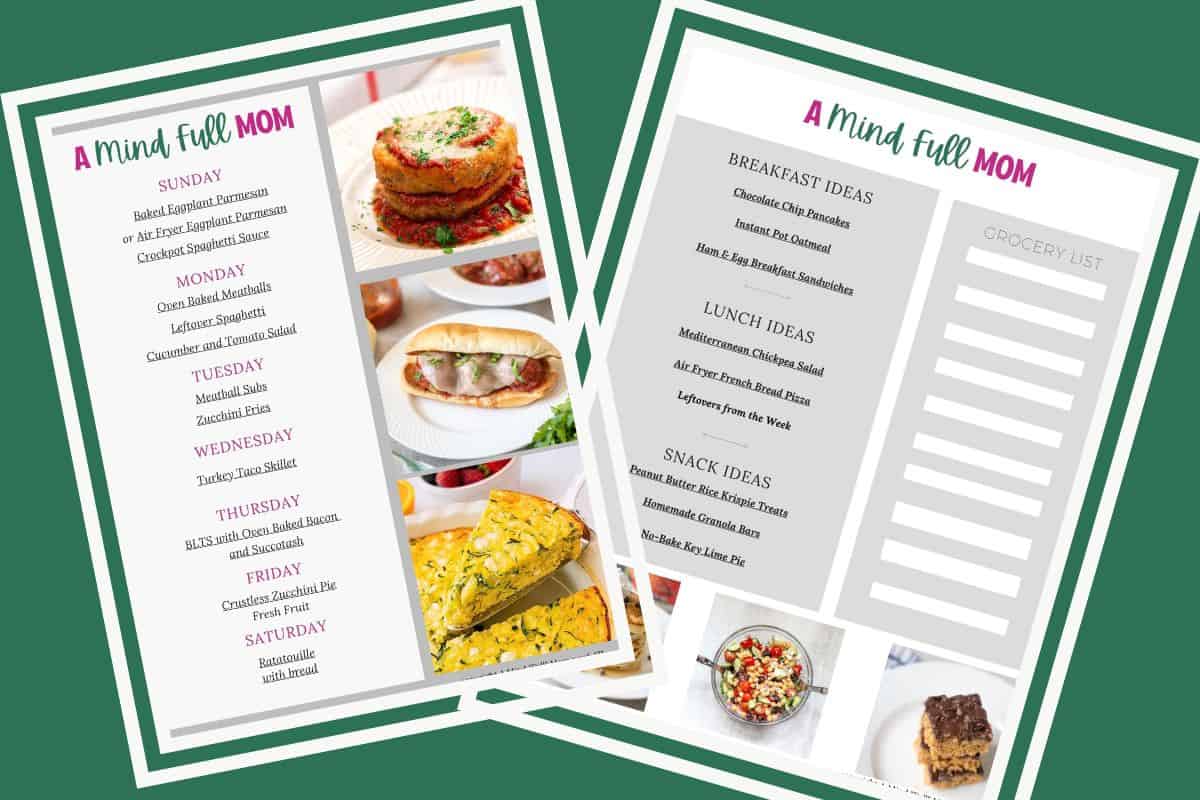 Collage of two pages of a 7-day meal plan showing breakfast, lunch, and dinner ideas for busy families.