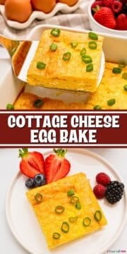 Collage of photos showing baked cottage cheese eggs in baking dish and on plate with title text overlay.