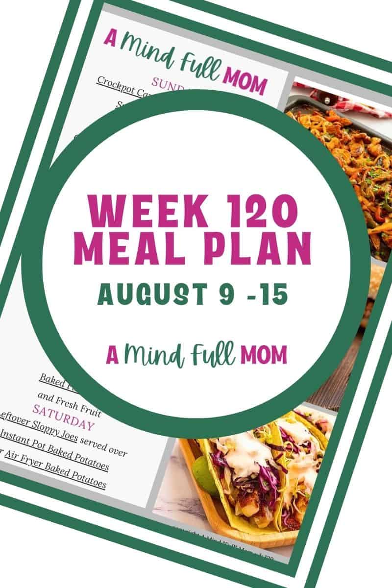 August Meal Plan Collage of photos showing meals for week and copy of meal plan with text that reads Meal Plan 120.
