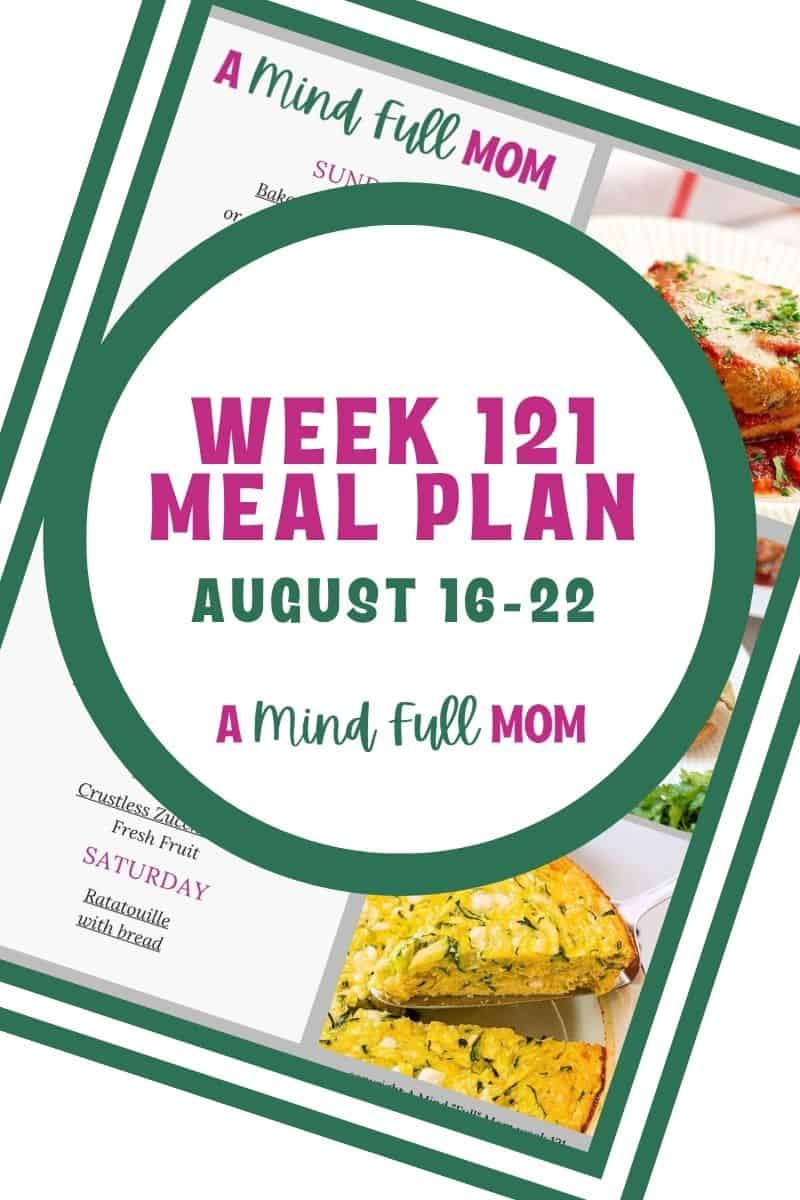 Photo of meal plan with text that reads Meal Plan 121 August 16-22.