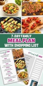 Collage of meal plans and photos of meals featured with text overlay that reads 7-day family summer meal plan.