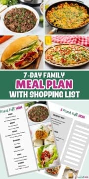 Collage of photos showing meals for week and copy of meal plan with text overlay showing meals that are on the week plan.