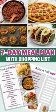 Collage of photos showing meals for week and copy of meal plan with text that reads 7-Day Meal Plan with Shopping List.