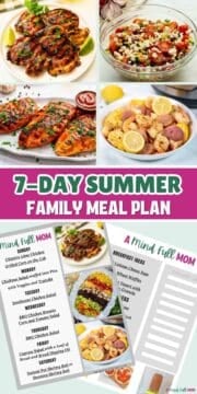 Collage of photos showing meals for week and copy of meal plan with text that reads 7-day summer meal plan.