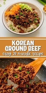 Collage of photos showing ground beef with Korean sauce and served over rice with cucumbers and carrots.