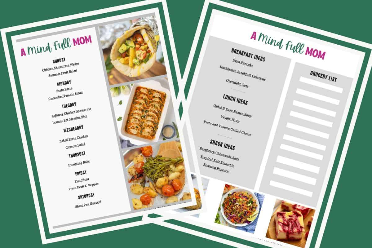 Collage of two pages of a 7-day meal plan showing breakfast, lunch, and dinner ideas for busy families.