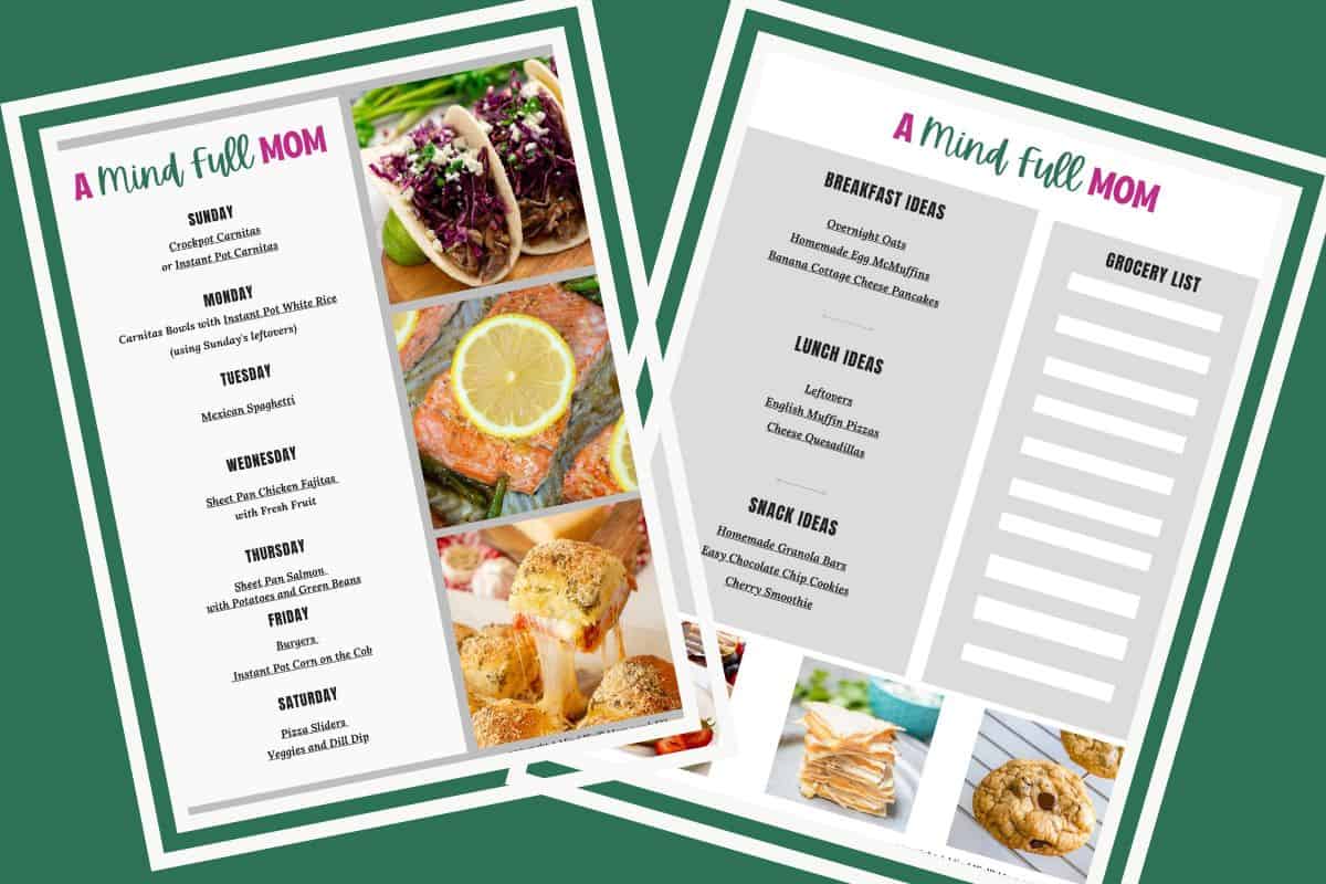 Collage of two pages of a 7-day meal plan showing breakfast, lunch, and dinner ideas for busy families.