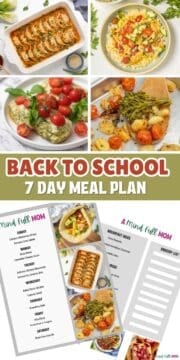 Collage of photos showing meals for week and copy of meal plan with text that reads Back to School Meal Plan.