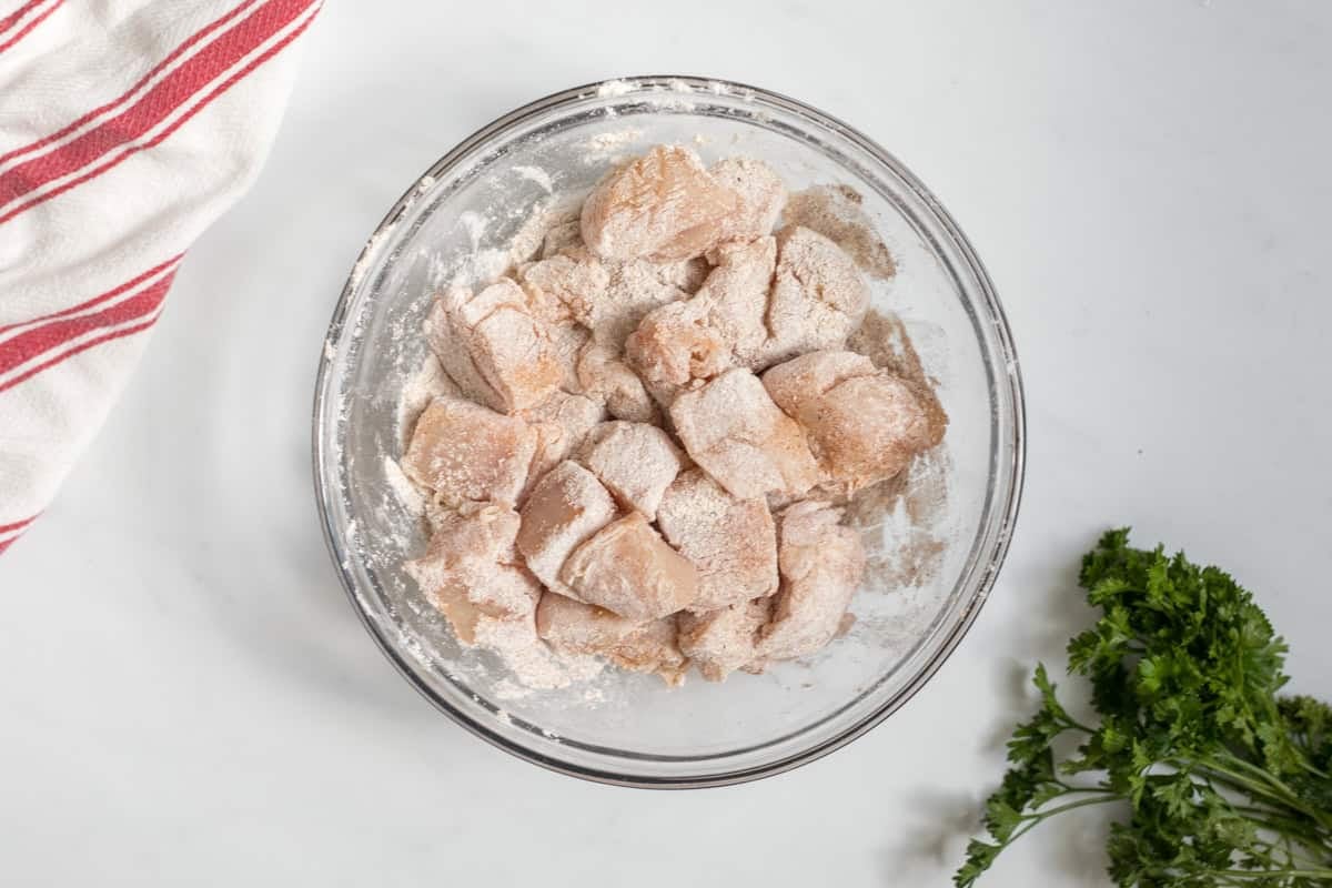 Buffalo Bites Cubed chicken breast tossed in flour seasoned with smoked paprika and garlic and onion powder.