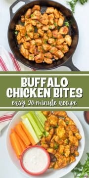 Collage of photos showing chicken bites sauced with buffalo sauce with text overlay.