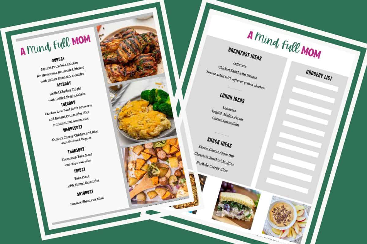 Collage of two pages of a 7-day meal plan showing breakfast, lunch, and dinner ideas for busy families.