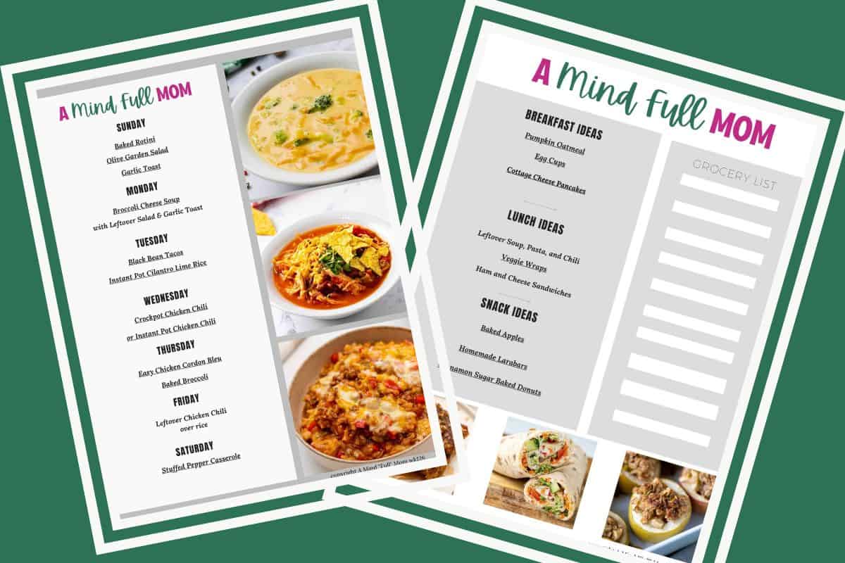 7 Day Meal Plan Collage of two pages of a 7-day meal plan showing breakfast, lunch, and dinner ideas for busy families.