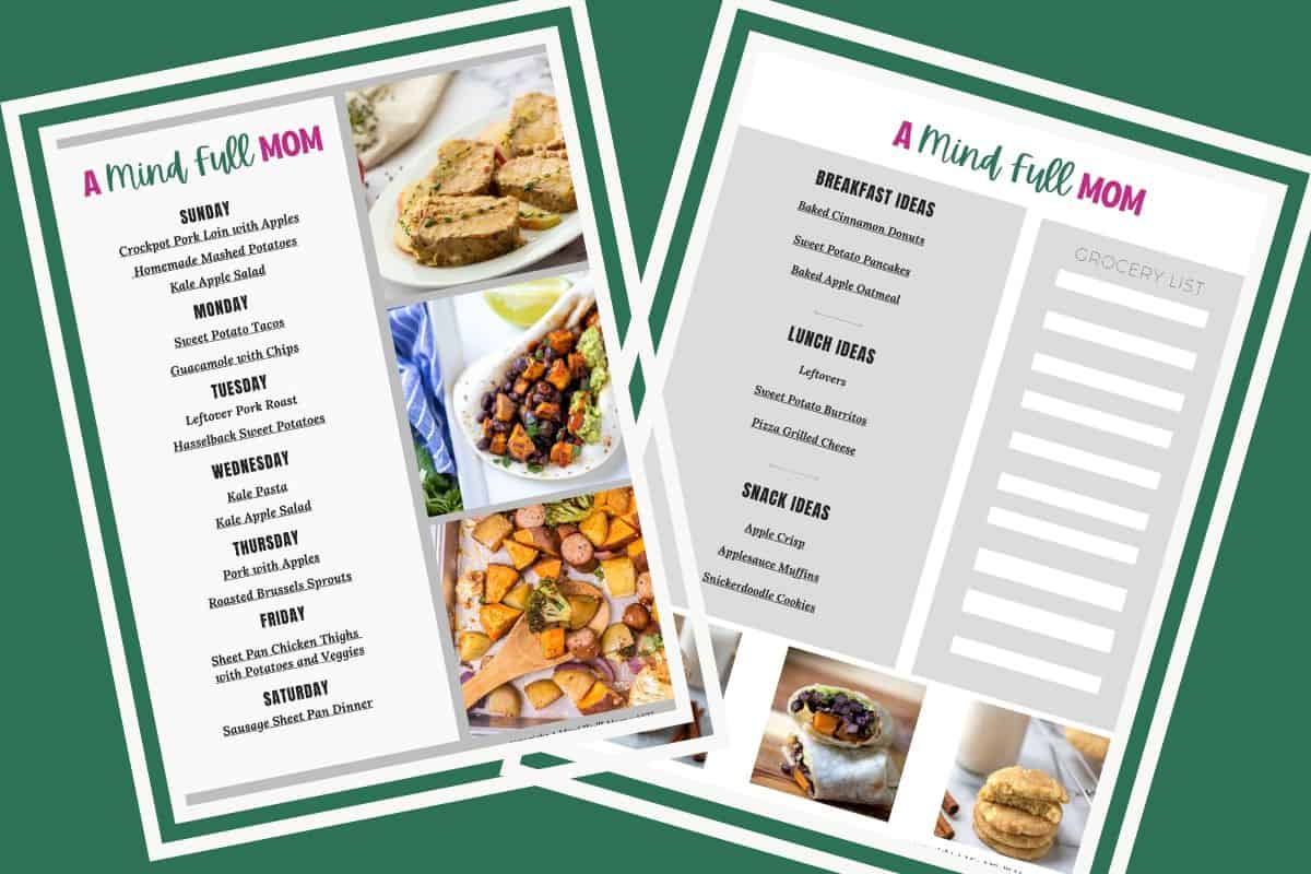 Labor Day Meal Plan Collage of two pages of a 7-day meal plan showing breakfast, lunch, and dinner ideas for busy families.