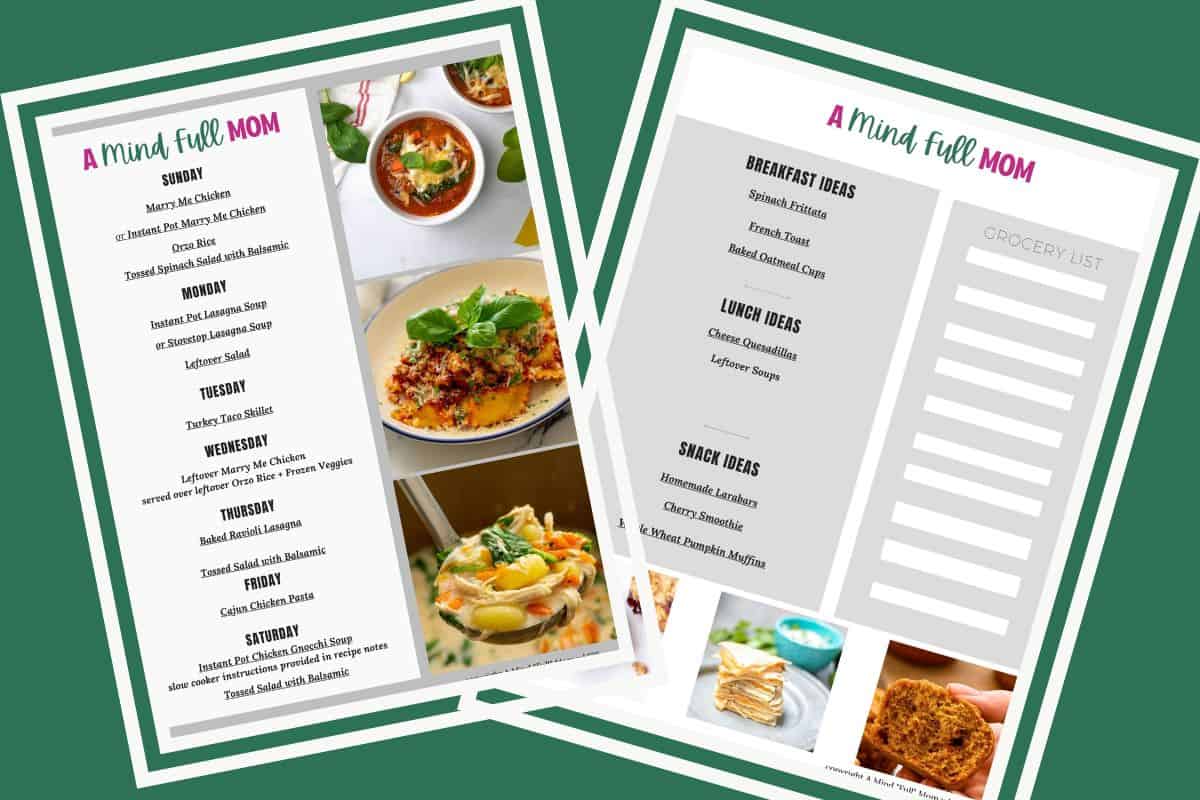 7-Day Meal Plan for Busy Families Collage of two pages of a 7-day meal plan showing breakfast, lunch, and dinner ideas for busy families.