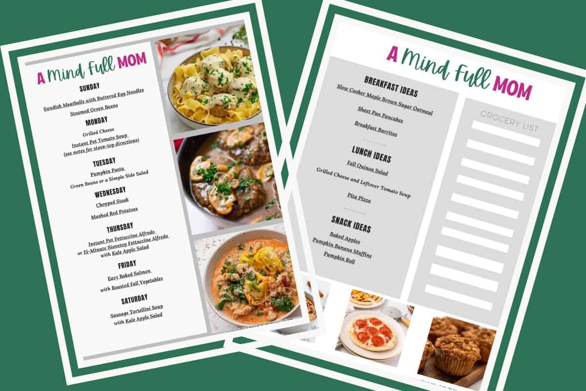 Collage of two pages of a 7-day meal plan showing breakfast, lunch, and dinner ideas for busy families.