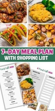 Collage of photos showing meals for week and copy of meal plan with text that reads 7-Day Meal Plan with Shopping List.
