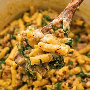 Spoonful of cooked pasta with Italian sausage and spinach in creamy sauce.