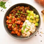 Saucy taco meat served with roasted sweet potatoes, cottage cheese, and hot honey.
