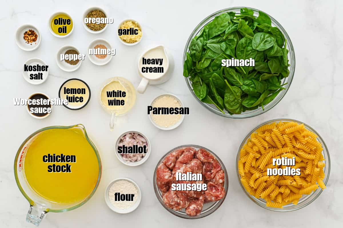 Rotini, sausage, spinach, broth, cream, and spices labeled on counter for Sausage Pasta.