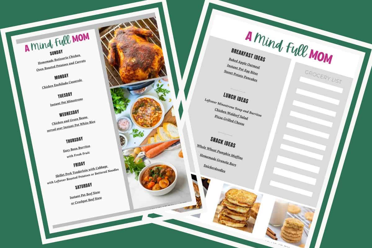 7-Day Meal Plan for Busy Families Collage of two pages of a 7-day meal plan showing breakfast, lunch, and dinner ideas for busy families.