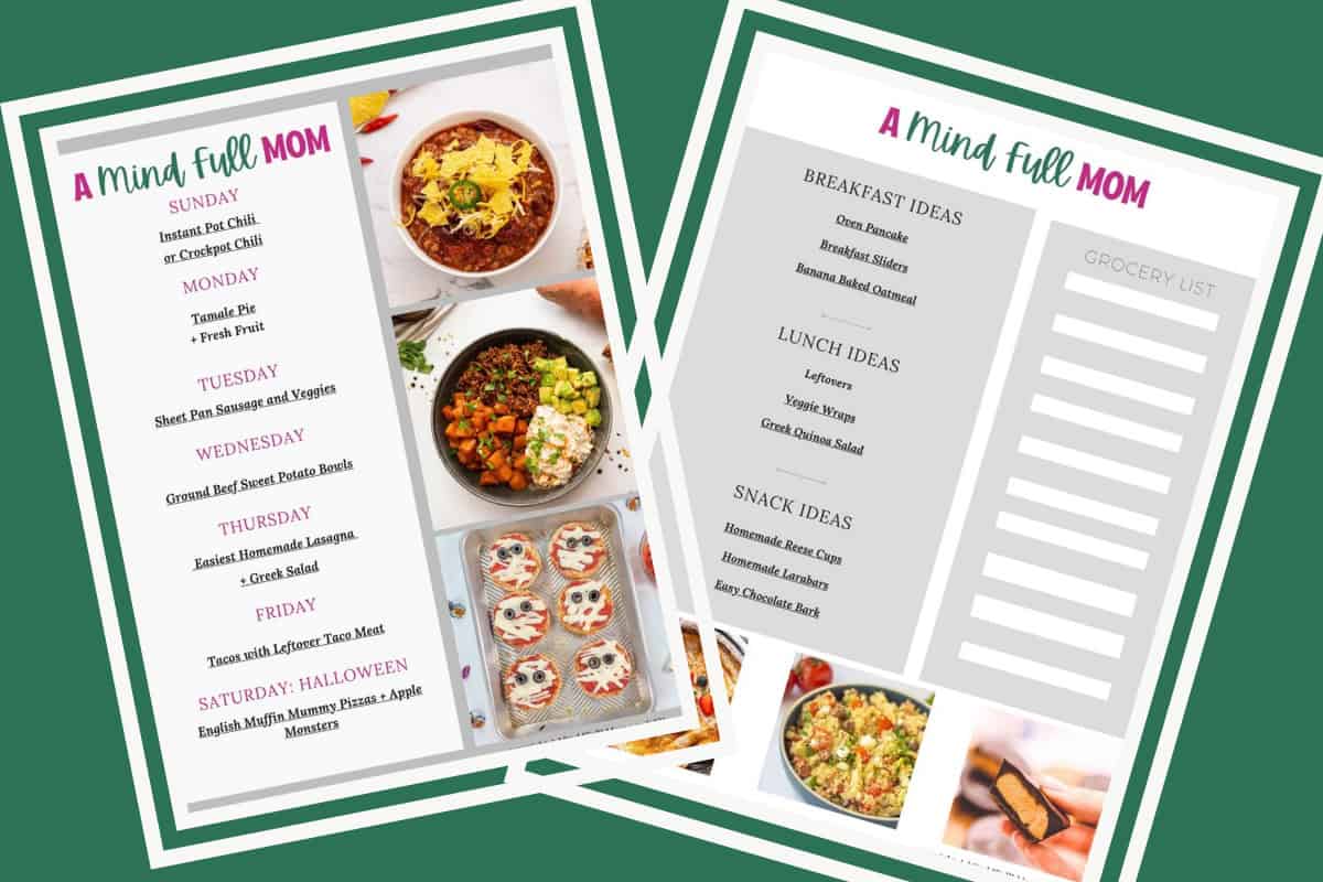 7-Day Meal Plan for Busy Families Collage of two pages of a 7-day meal plan showing breakfast, lunch, and dinner ideas for busy families.