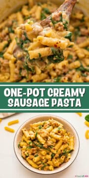 Collage of photos showing cooked rotini noodles in a creamy sauce with Italian sausage and title text overlay.
