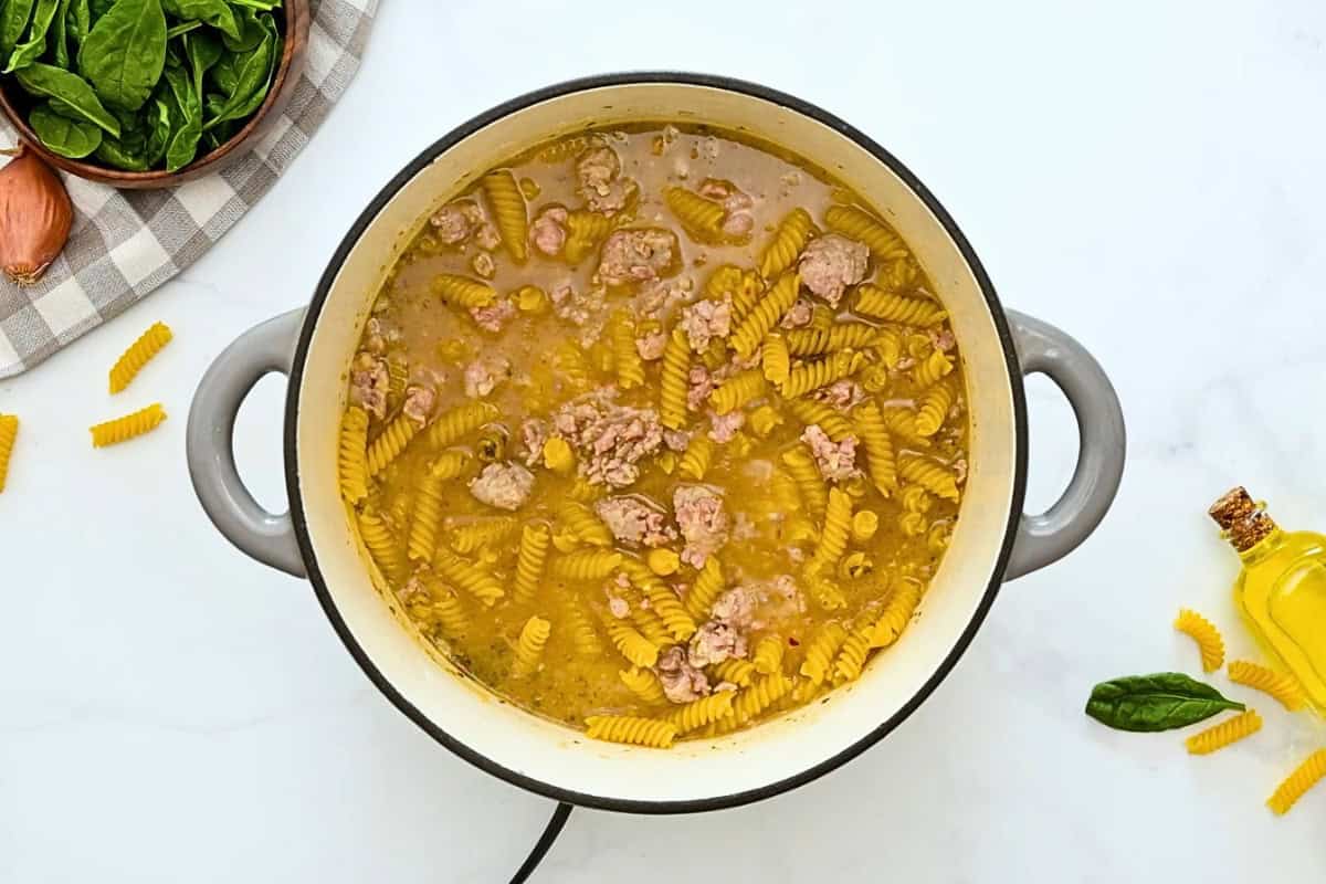 Rotini noodles stirred into broth and browned sausage in large stockpot.