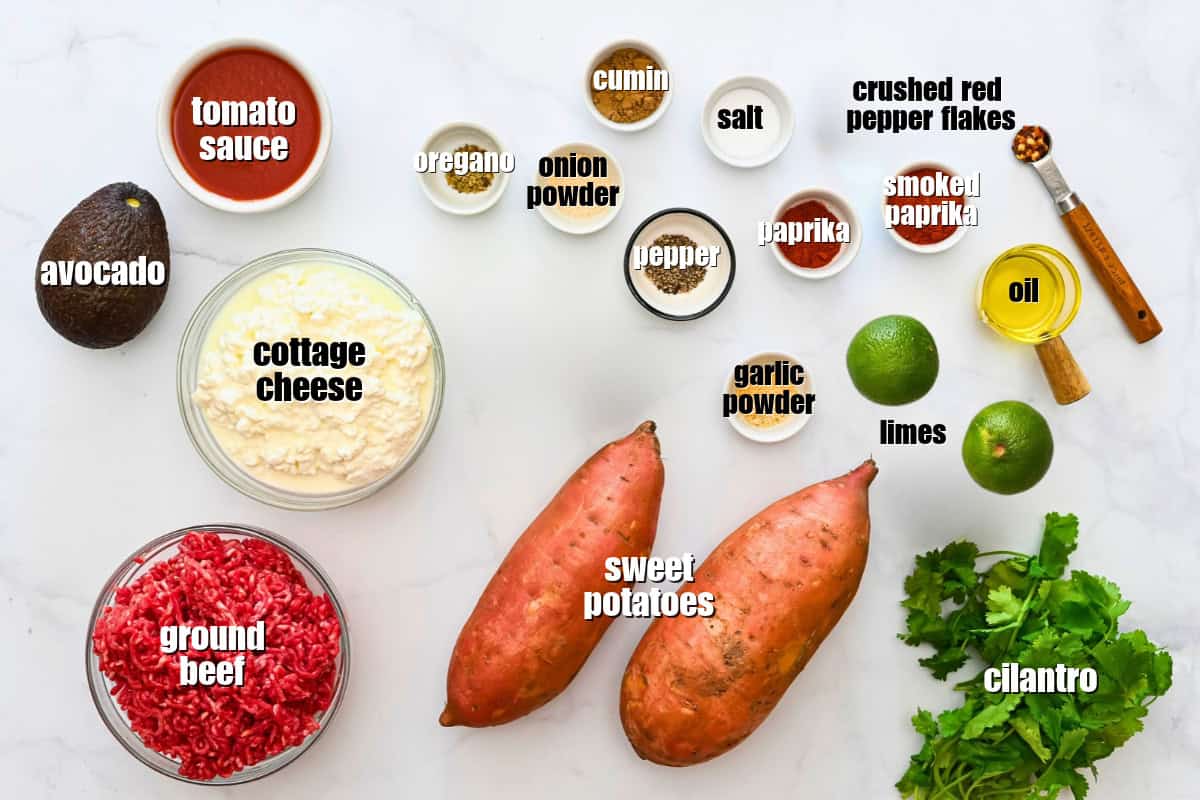 Sweet Potato Ground Beef Bowls Sweet potatoes, cottage cheese, ground beef, and seasonings for ground beef sweet potato bowls out on counter with text overlays.
