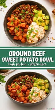 Collage of ground beef sweet potato cottage cheese bowls with green text overlay.