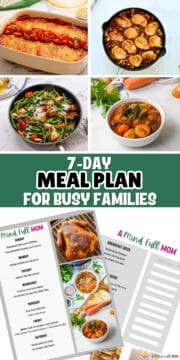 Collage of photos showing meals for week and copy of meal plan with text that reads