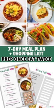 Collage of photos showing meals for week and copy of meal plan with text that reads 7-day meal plan + shopping list cook once eat twice.